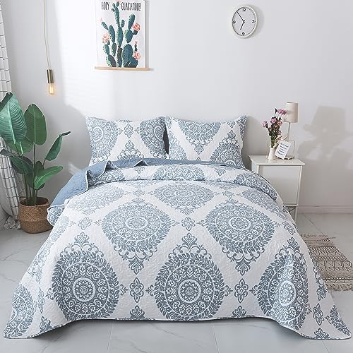 Travan 3Piece Quilt Set Quilted Bedspread Lightweight Coverlet Set Floral Printed Oversized Quilted Bedding Set with Shams for All Season Blue Floral Queen Size