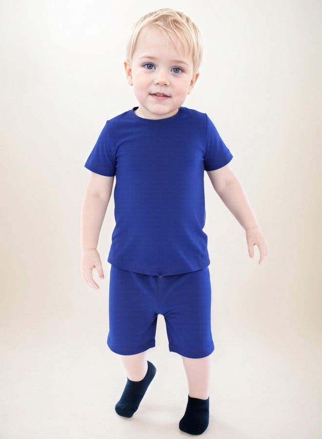 Aablexema Baby Short Summer Pajamas - Toddler Cool Jammies Pjs Rayon from Bamboo,2pcs Kids Sleepwear Set for Boys Girls(Dark Blue,4y) - Image 3