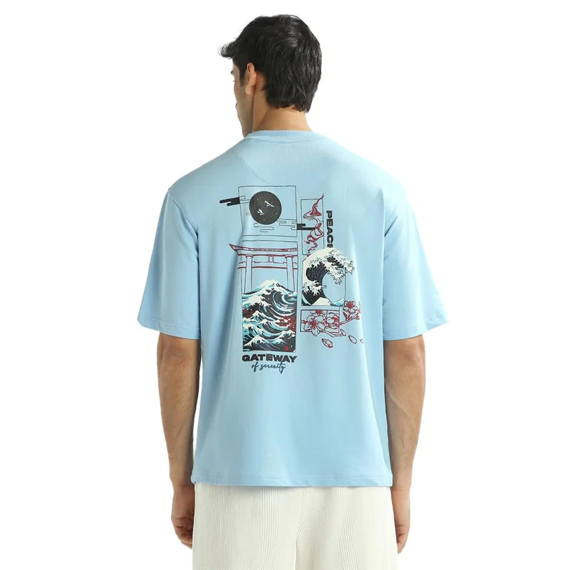 NOBERO Men's Blue Printed Oversized T-Shirt