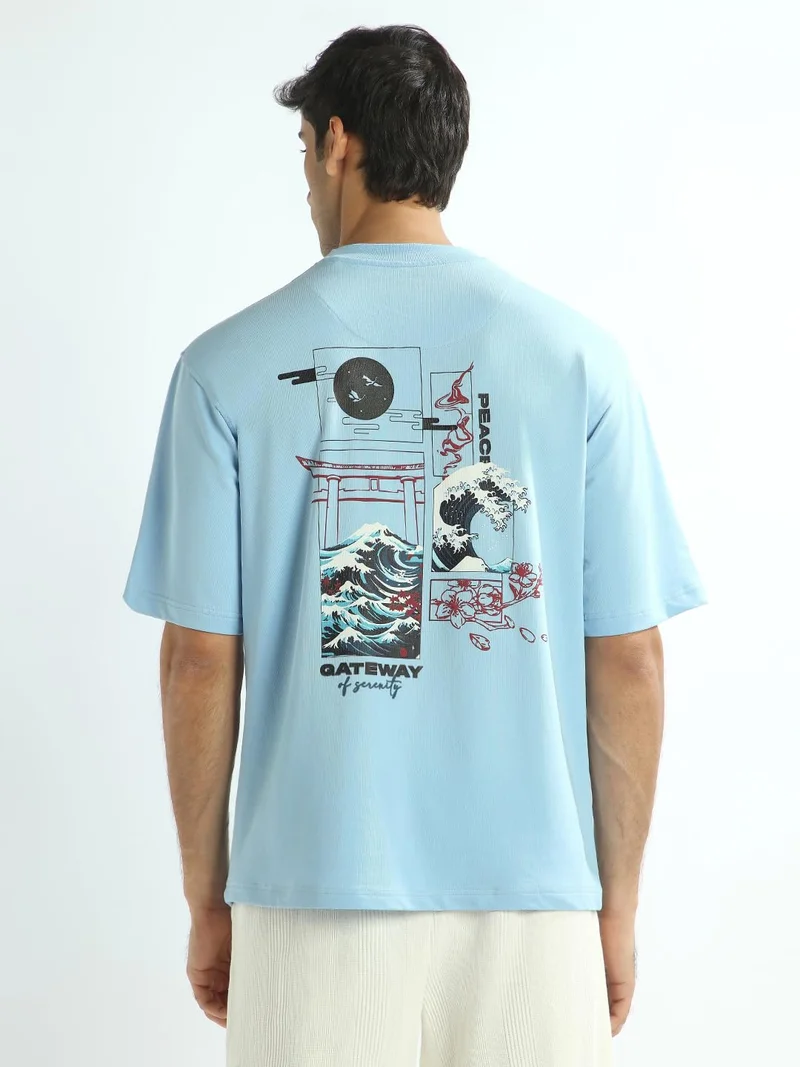 NOBERO  Men's Blue Printed Oversized T-Shirt for Men | Best Price UAE