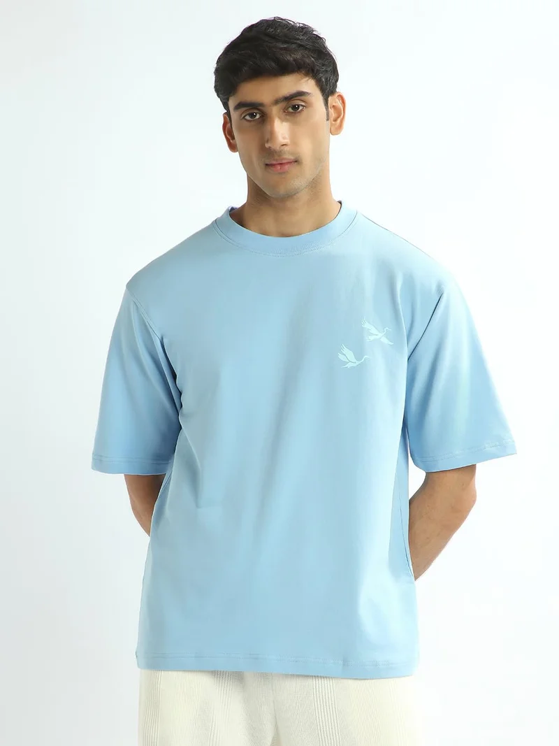 NOBERO Men's Blue Printed Oversized T-Shirt