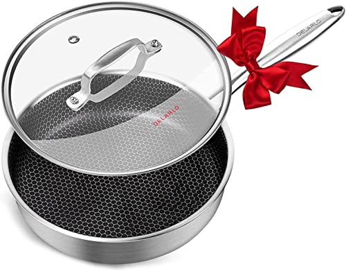 DELARLO TriPly Hybrid Stainless Steel 10Inch Saute Pan 3QT Deep Frying Pan Chef Cooking Pan AntiScratch Saut Pan FastHeating Induction CompatibleDetachable handle