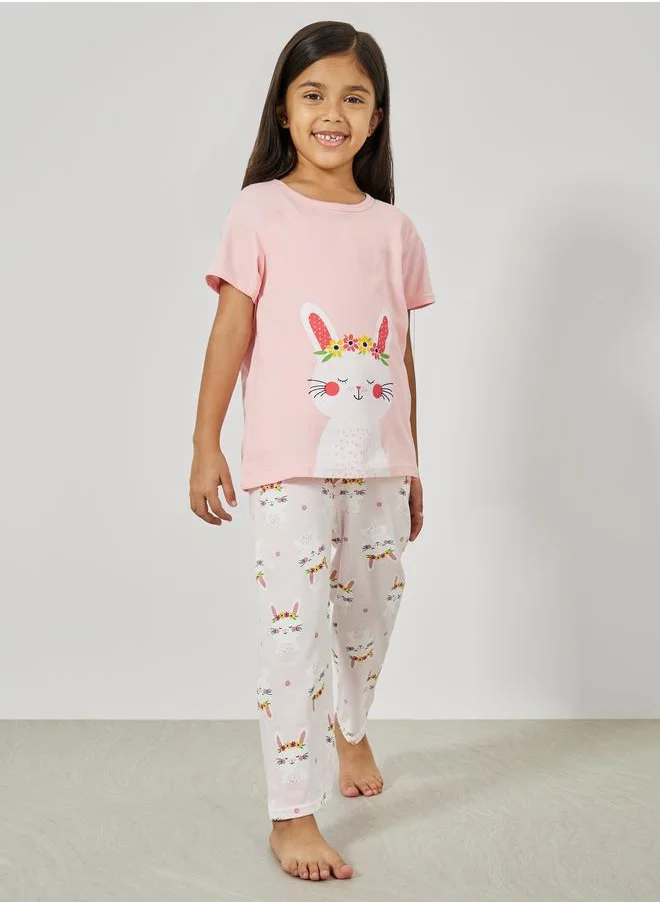 Styli Styli Cute Bunny Graphic Print T-Shirt and Pyjama Set