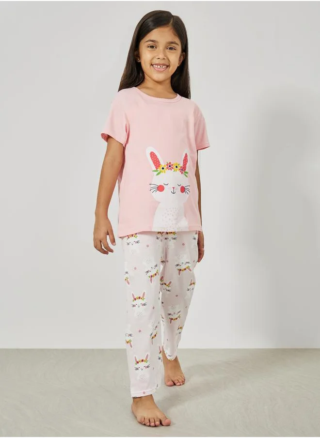 Styli Cute Bunny Graphic Print T-Shirt & Pyjama Set