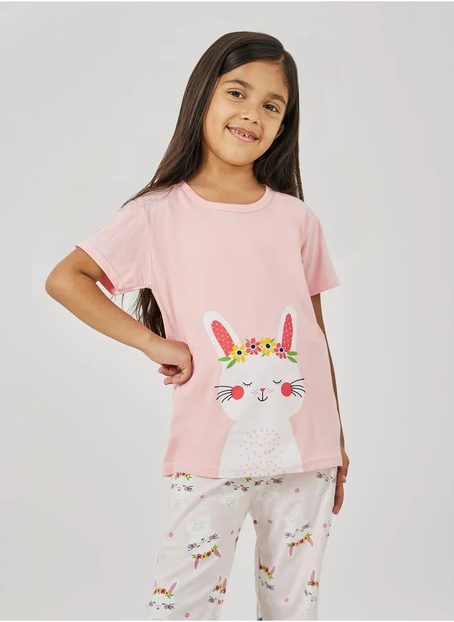 Styli Cute Bunny Graphic Print T-Shirt & Pyjama Set