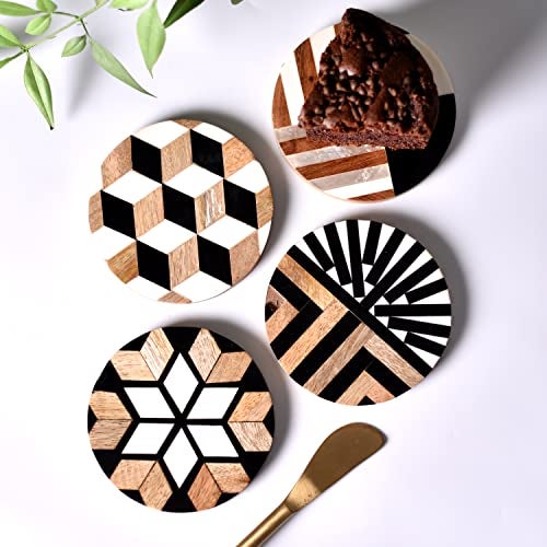 Indian-Shelf Wood Coaster| Black and Brown Coasters for Drinks| Coasters for Coffee Table| Wooden Coasters for Drinks| Boho Coasters | Bar Gift | Wooden Coasters| Home Bar Set Pack of 4 - Image 4