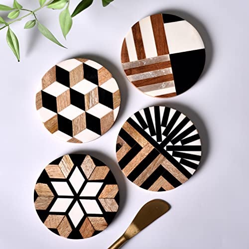 Indian-Shelf Wood Coaster| Black and Brown Coasters for Drinks| Coasters for Coffee Table| Wooden Coasters for Drinks| Boho Coasters | Bar Gift | Wooden Coasters| Home Bar Set Pack of 4 - Image 3