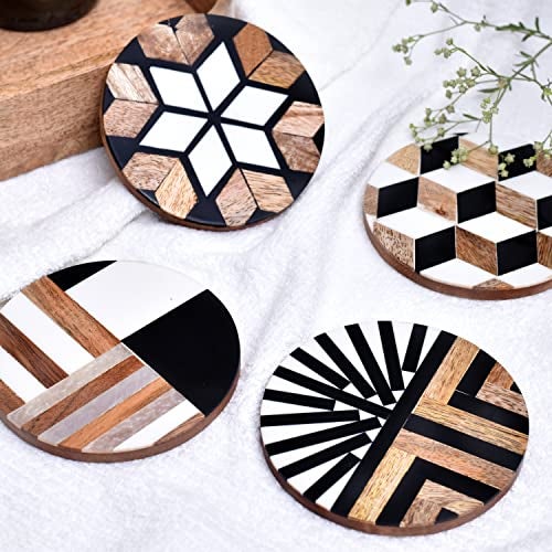 Indian-Shelf Wood Coaster| Black and Brown Coasters for Drinks| Coasters for Coffee Table| Wooden Coasters for Drinks| Boho Coasters | Bar Gift | Wooden Coasters| Home Bar Set Pack of 4 - Image 1