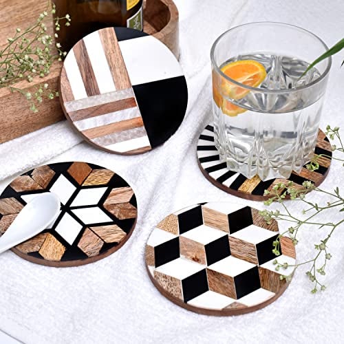 Indian-Shelf Wood Coaster| Black and Brown Coasters for Drinks| Coasters for Coffee Table| Wooden Coasters for Drinks| Boho Coasters | Bar Gift | Wooden Coasters| Home Bar Set Pack of 4 - Image 2