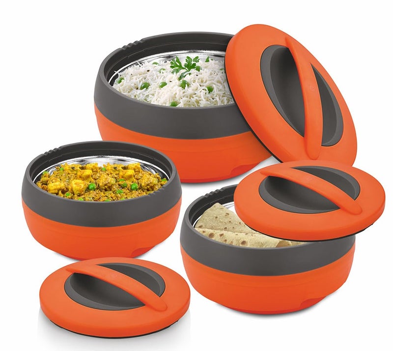ASIAN Inner Steel Casserole (600 ml, 1000 ml, 1500 ml) Gift Set of 3,| PU Insulated | BPA free | Food Grade | Easy to Carry | Easy to Store | Ideal For Chapatti | Roti | Serving Casserole Orange. - Image 1