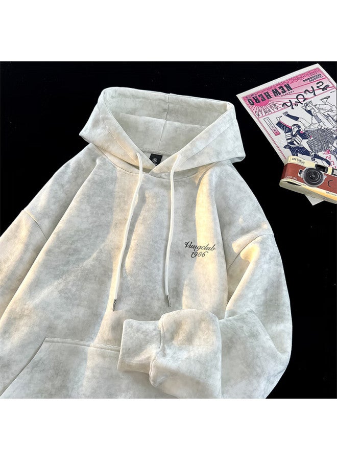 Vuug American Retro Tie-dye Autumn And Winter Casual Loose Couple Hooded Warm Fleece Sweatshirt For Men, Size L, White Fleece Lined - Image 1