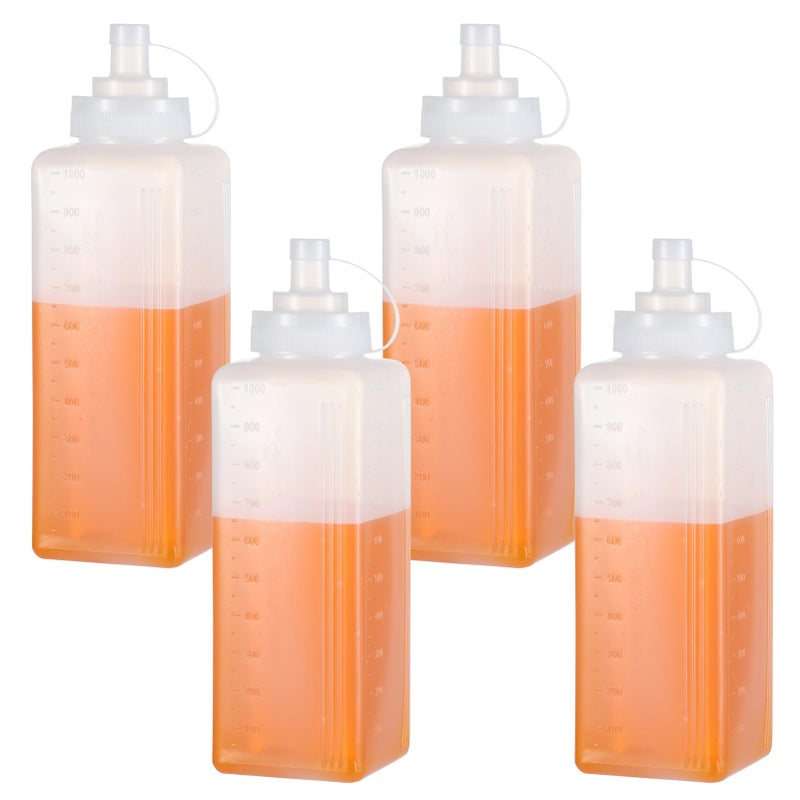 WAKCCIL 4 Pack 1 QT Large Condiment Squeeze Bottle for Sauses, 34oz Wide Mouth Liquids Dispenser Bottles with Lid, For Ketchup, Taco, Marinara, Pasta, BBQ, Spaghetti, Tomato Sauce, Restaurant-Grade Design - Image 1