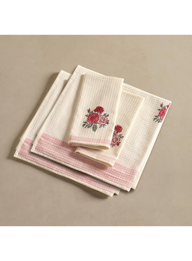 Peepul Tree Block Printed Hand and Bath Towels, Super Absorbent, Soft & Faster Drying, Floral Printed 100% Pure Cotton, 240 GSM (2 Hand 2 Bath Towel Set, Off-White & Pink Roses) - Image 3
