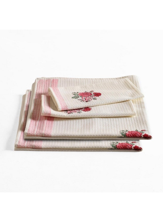 Peepul Tree Block Printed Hand and Bath Towels, Super Absorbent, Soft & Faster Drying, Floral Printed 100% Pure Cotton, 240 GSM (2 Hand 2 Bath Towel Set, Off-White & Pink Roses) - Image 1