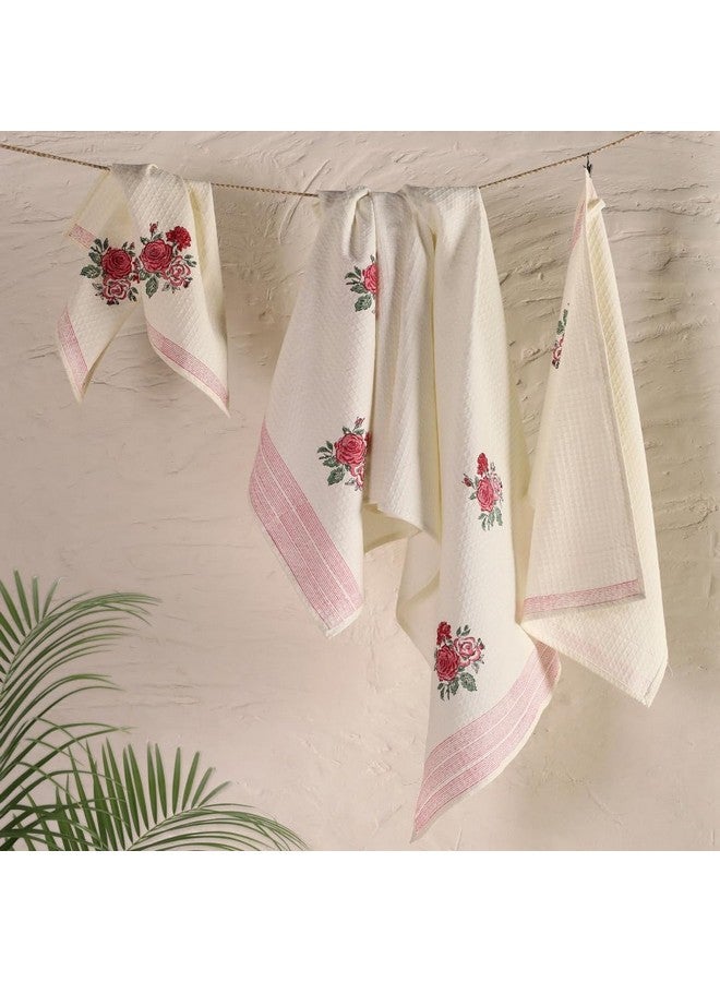 Peepul Tree Block Printed Hand and Bath Towels, Super Absorbent, Soft & Faster Drying, Floral Printed 100% Pure Cotton, 240 GSM (2 Hand 2 Bath Towel Set, Off-White & Pink Roses) - Image 4