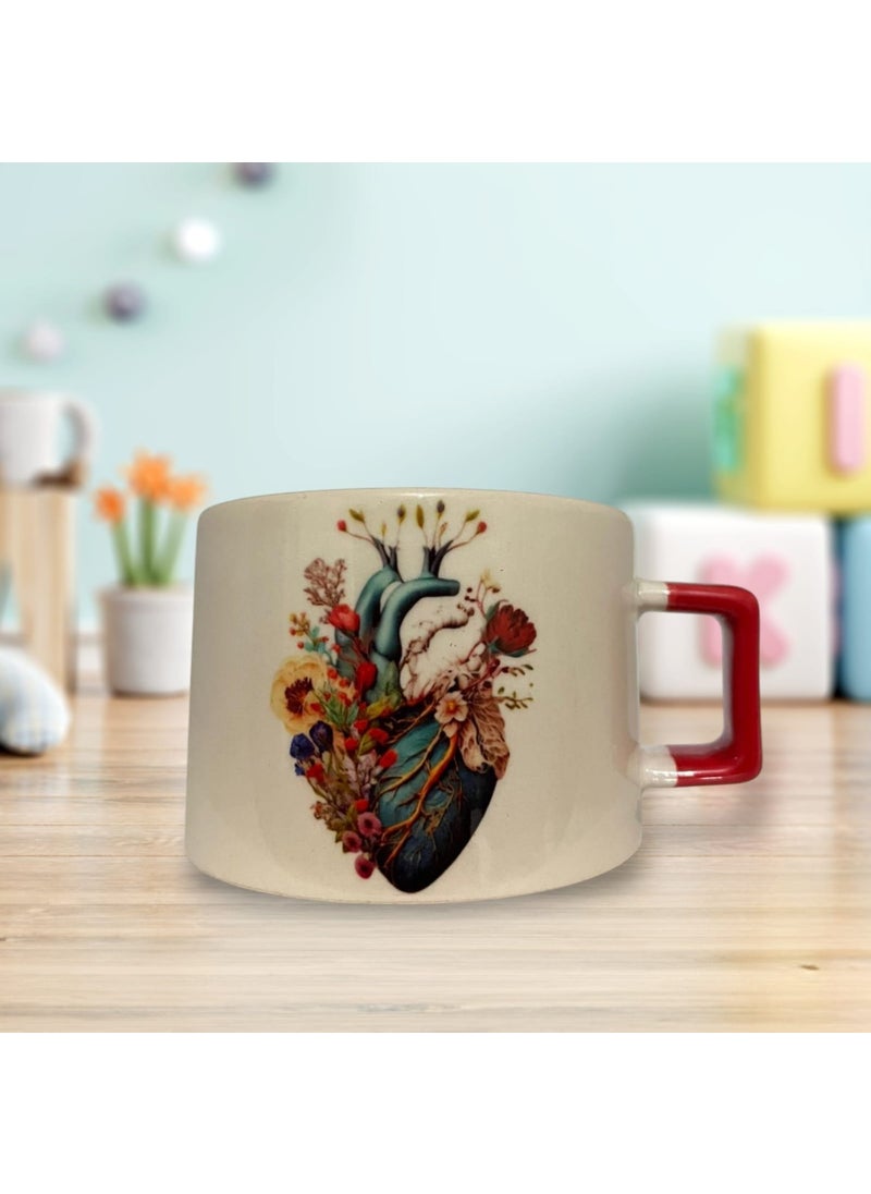 Game Fruy Floral Heart Printed Double Sided Latte Cup (Red Handle)  - Image 3