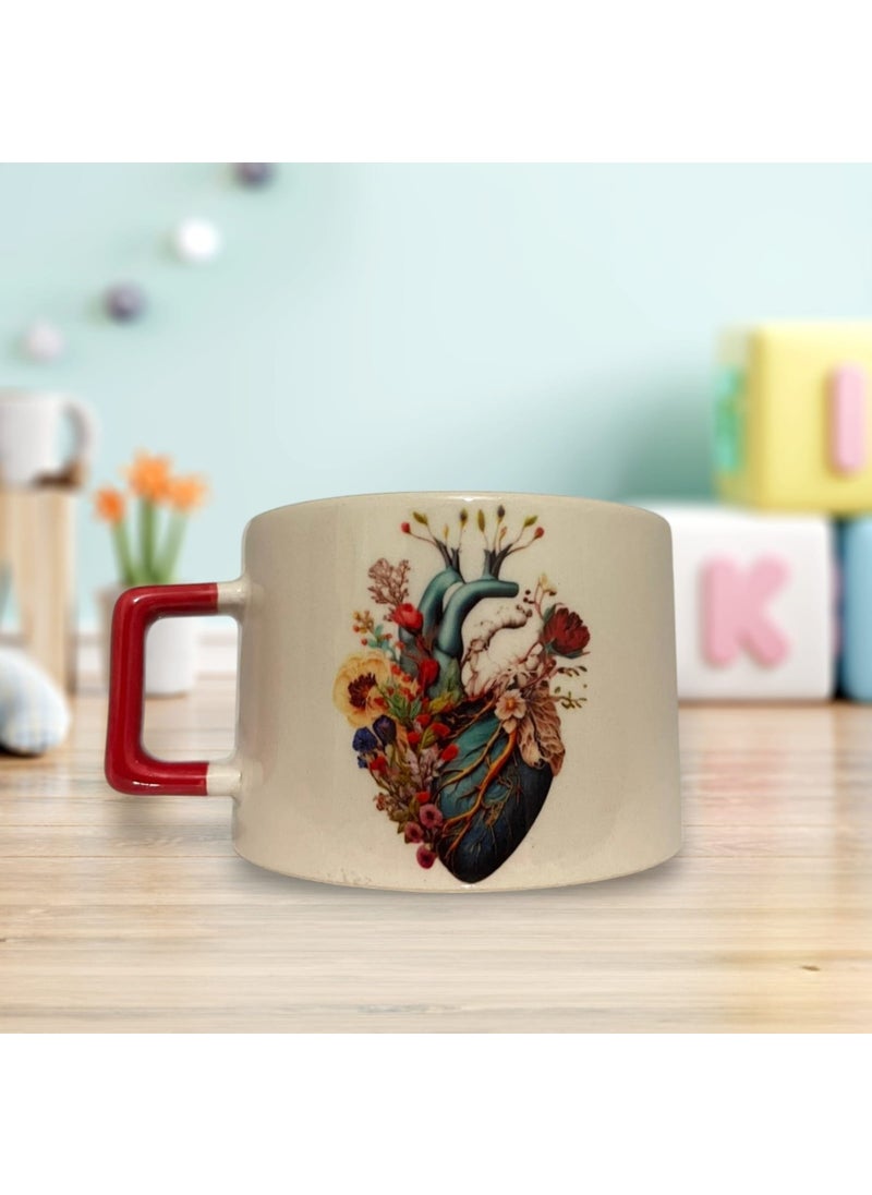 Game Fruy Floral Heart Printed Double Sided Latte Cup (Red Handle)  - Image 1