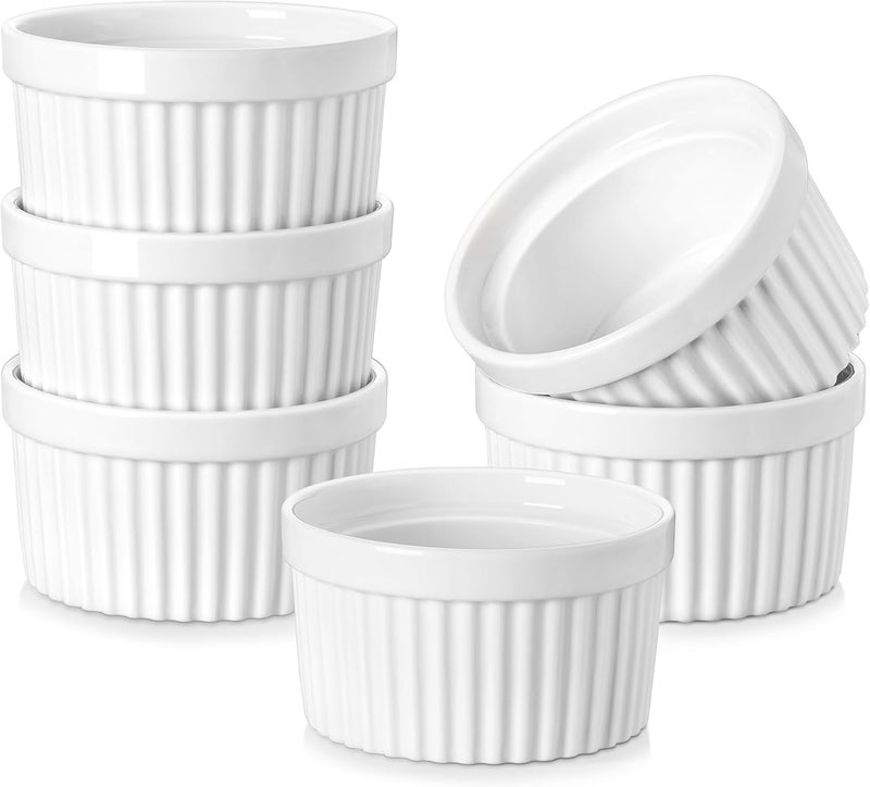 MALACASA Ramekins 8 oz Oven Safe, Porcelain Creme Brulee Ramekins Pudding Custard Cups Ceramic Souffle Dishes Ramakan Ramiken Ramicans Baking Bowls Set of 6, White, Series RAMEKIN-DISH - Image 1