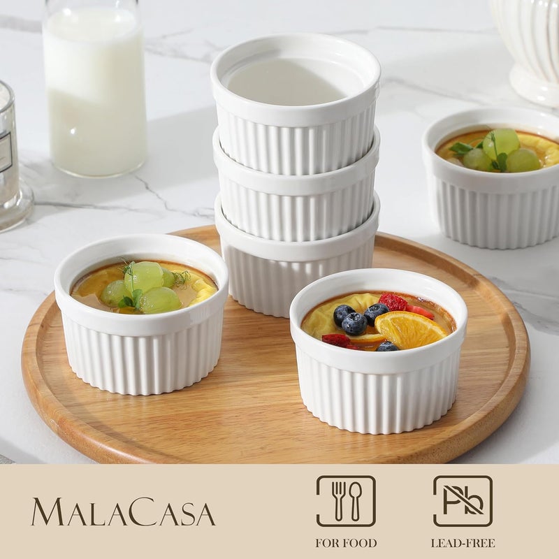 MALACASA Ramekins 8 oz Oven Safe, Porcelain Creme Brulee Ramekins Pudding Custard Cups Ceramic Souffle Dishes Ramakan Ramiken Ramicans Baking Bowls Set of 6, White, Series RAMEKIN-DISH - Image 3
