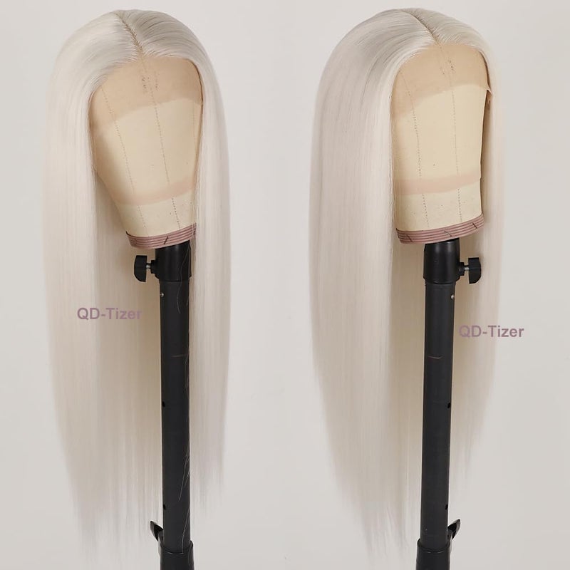 QD-Tizer Platinum White Hair Wig Long Straight Hair Wigs Natural Hairline Heat Resistant Synthetic T Part Lace Wigs for Fashion Women Platinum Blonde Synthetic Wig - Image 3