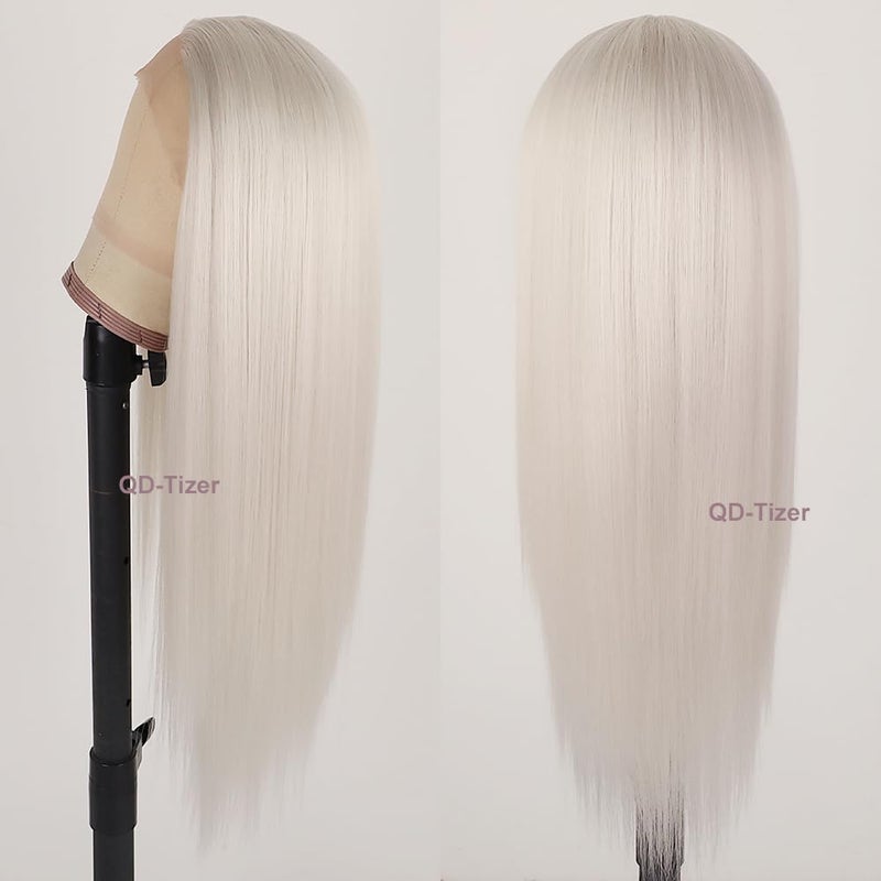 QD-Tizer Platinum White Hair Wig Long Straight Hair Wigs Natural Hairline Heat Resistant Synthetic T Part Lace Wigs for Fashion Women Platinum Blonde Synthetic Wig - Image 4