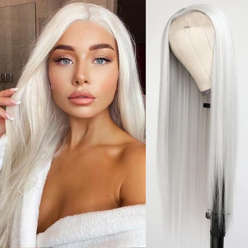 QD-Tizer Platinum White Hair Wig Long Straight Hair Wigs Natural Hairline Heat Resistant Synthetic T Part Lace Wigs for Fashion Women Platinum Blonde Synthetic Wig - Image 1