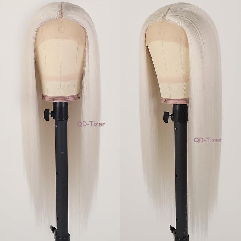 QD-Tizer Platinum White Hair Wig Long Straight Hair Wigs Natural Hairline Heat Resistant Synthetic T Part Lace Wigs for Fashion Women Platinum Blonde Synthetic Wig - Image 2