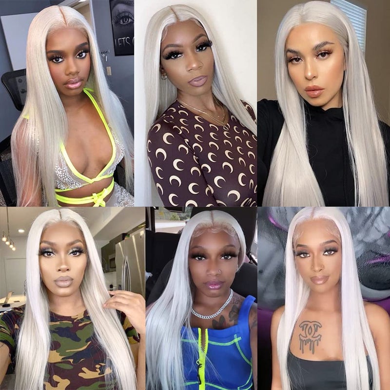 QD-Tizer Platinum White Hair Wig Long Straight Hair Wigs Natural Hairline Heat Resistant Synthetic T Part Lace Wigs for Fashion Women Platinum Blonde Synthetic Wig - Image 5