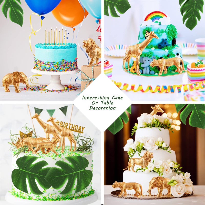 Soaoo 26 Pieces Gold Animals Figures Set 14 Pcs Plastic Safari Figures 12 Pcs Faux Tropical Palm Leaves Birthday Cake Topper(Safari Animal) - Image 4
