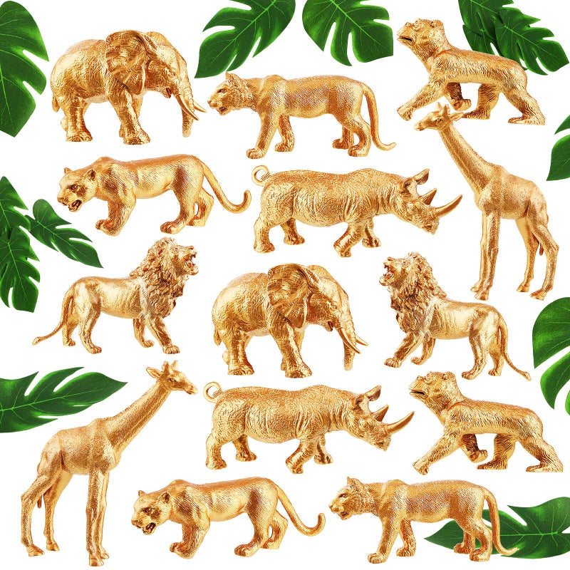 Soaoo 26 Pieces Gold Animals Figures Set 14 Pcs Plastic Safari Figures 12 Pcs Faux Tropical Palm Leaves Birthday Cake Topper(Safari Animal) - Image 1