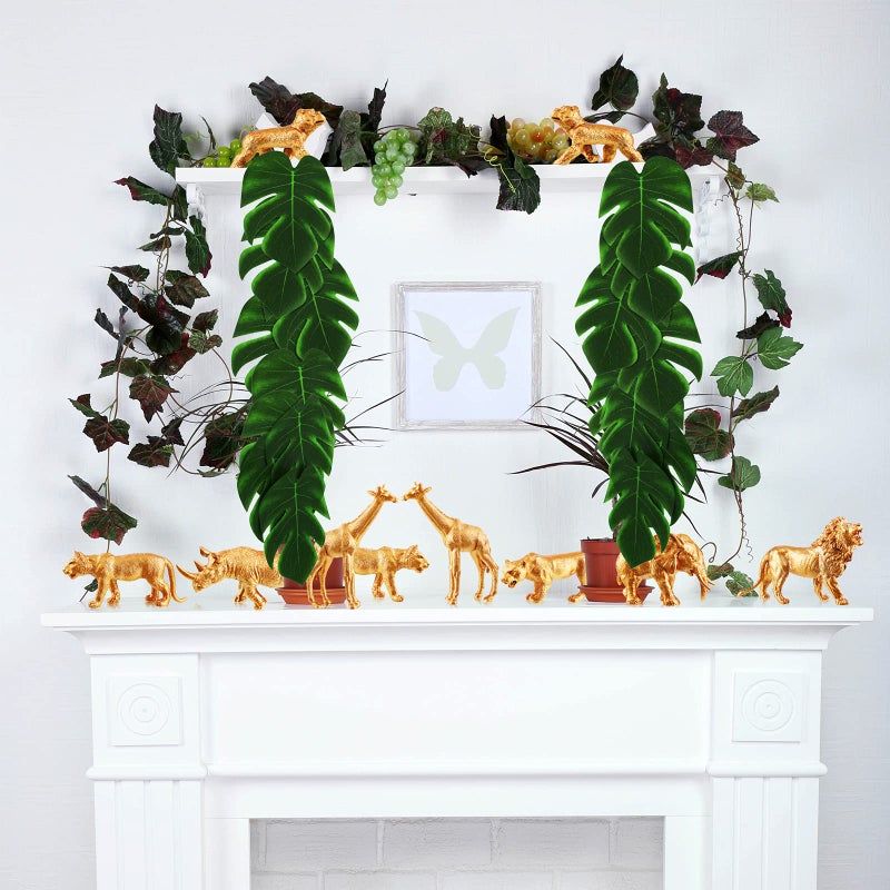 Soaoo 26 Pieces Gold Animals Figures Set 14 Pcs Plastic Safari Figures 12 Pcs Faux Tropical Palm Leaves Birthday Cake Topper(Safari Animal) - Image 5