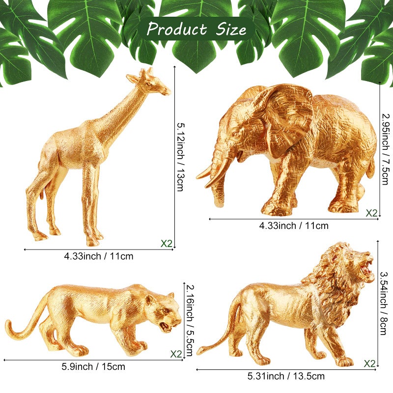 Soaoo 26 Pieces Gold Animals Figures Set 14 Pcs Plastic Safari Figures 12 Pcs Faux Tropical Palm Leaves Birthday Cake Topper(Safari Animal) - Image 2