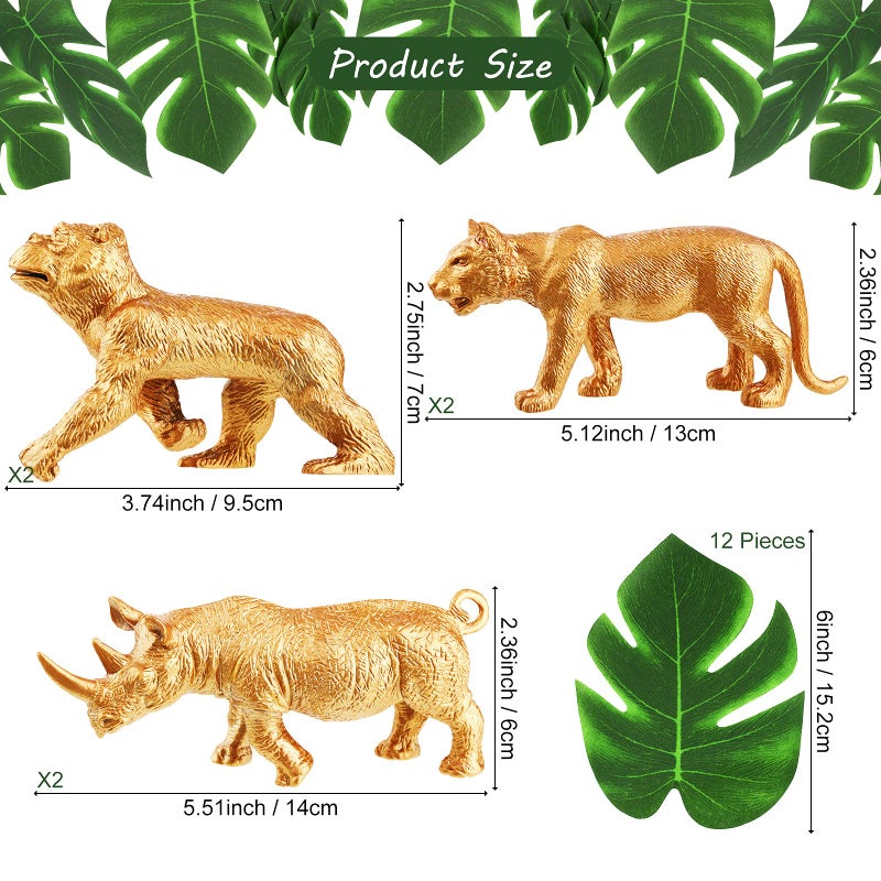 Soaoo 26 Pieces Gold Animals Figures Set 14 Pcs Plastic Safari Figures 12 Pcs Faux Tropical Palm Leaves Birthday Cake Topper(Safari Animal) - Image 3