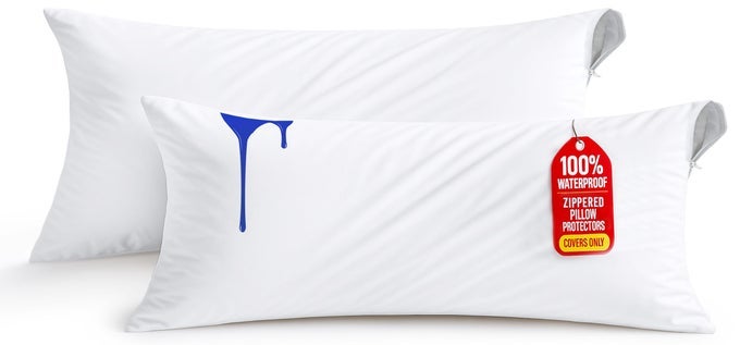 SET OF 2 WATERPROOF PILLOW PROTECTORS WITH ZIPPER BODY SIZE WHITE ULTRA SOFT PILLOW COVERS BED BUG AND DUST MITE PROOF PILLOW ENCASEMENTS MOISTURE WICKING PILLOW CASES