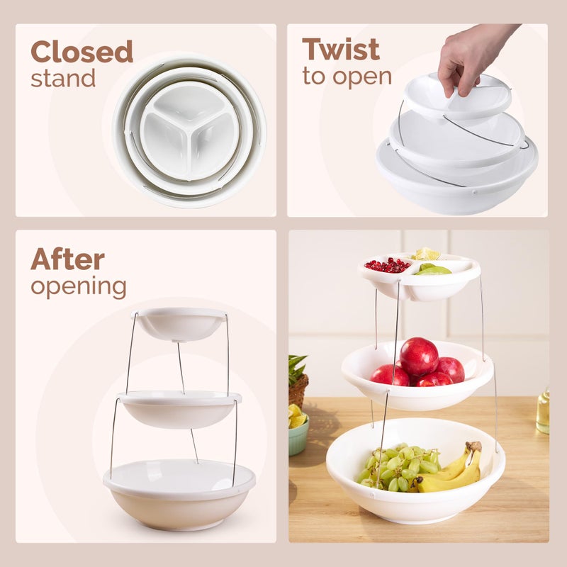 Home Essentials HomeEssentials 3 Layer Foldable Fruit Stand- Twist & Fold Space-Saving Bowl Set with Magnetic Lock | Basket for Dining Table | Versatile Plastic Bowls for Kitchen | Ideal for Snacks,Candy & More - Image 3