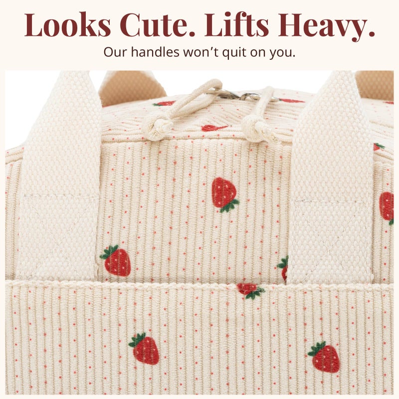 Lovelywind Crossbody Strawberry Lunch Bag For Women  Insulated Corduroy Tote With Adjustable Strap  Water Resistant Lunch Box For Work  Picnic  Travel Or Beach  Beige Cream Reusable Lunch Box - Image 5