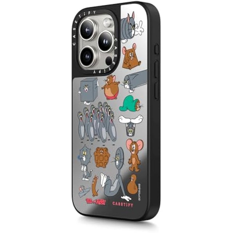 Casetify Mirror Case for iPhone 15 Pro 【Tom and Jerry Colab/Reflective / 4.9ft Drop Protection/Compatible with Magsafe】 - Pattern Sticker - Silver on Black - Image 4