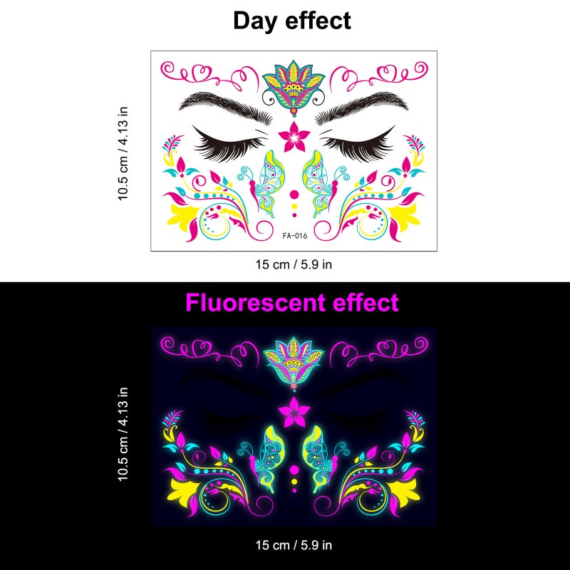 Fluorescent Face Sticker Waterproof Light Up Tattoo Sticker Body Art Accessories Water Transfer Sticker for Music Festival Nightclub Makeup Dance Party - Image 2