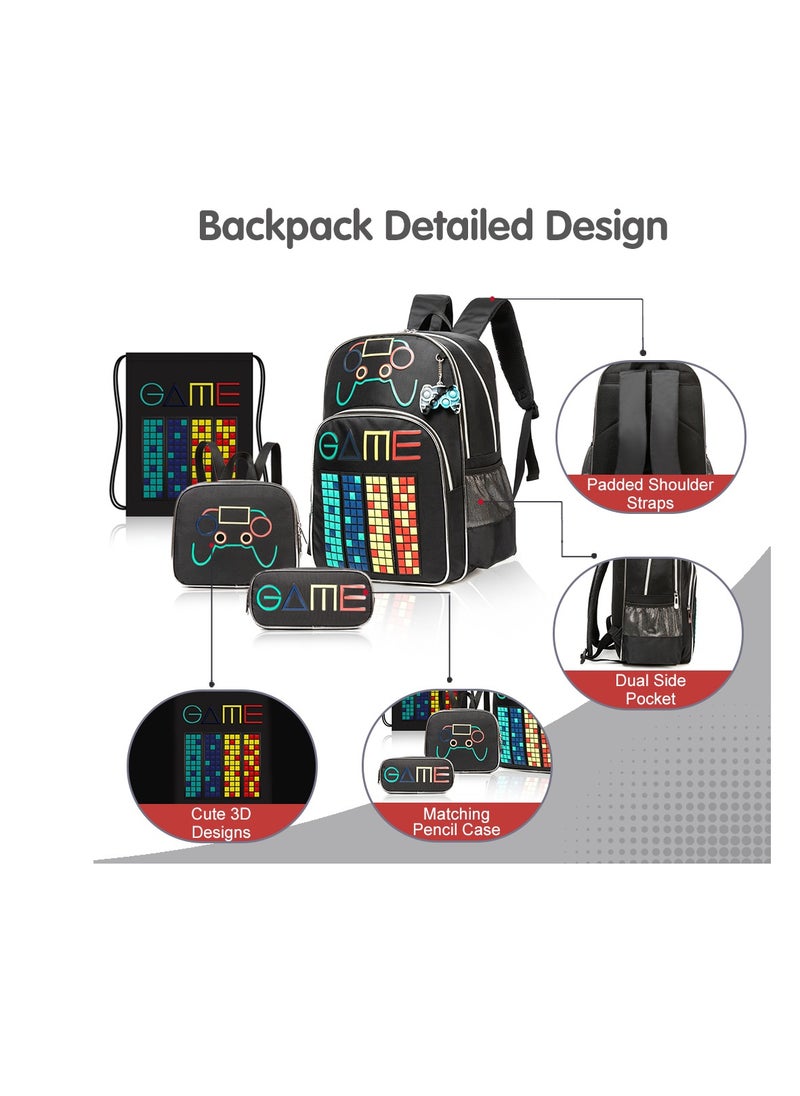Eazy Kids 17 Inch Set Of 4 School Bag With Lunch Bag, Activity Bag And Pencil Case Gen Z Gamer - Black  - Image 3