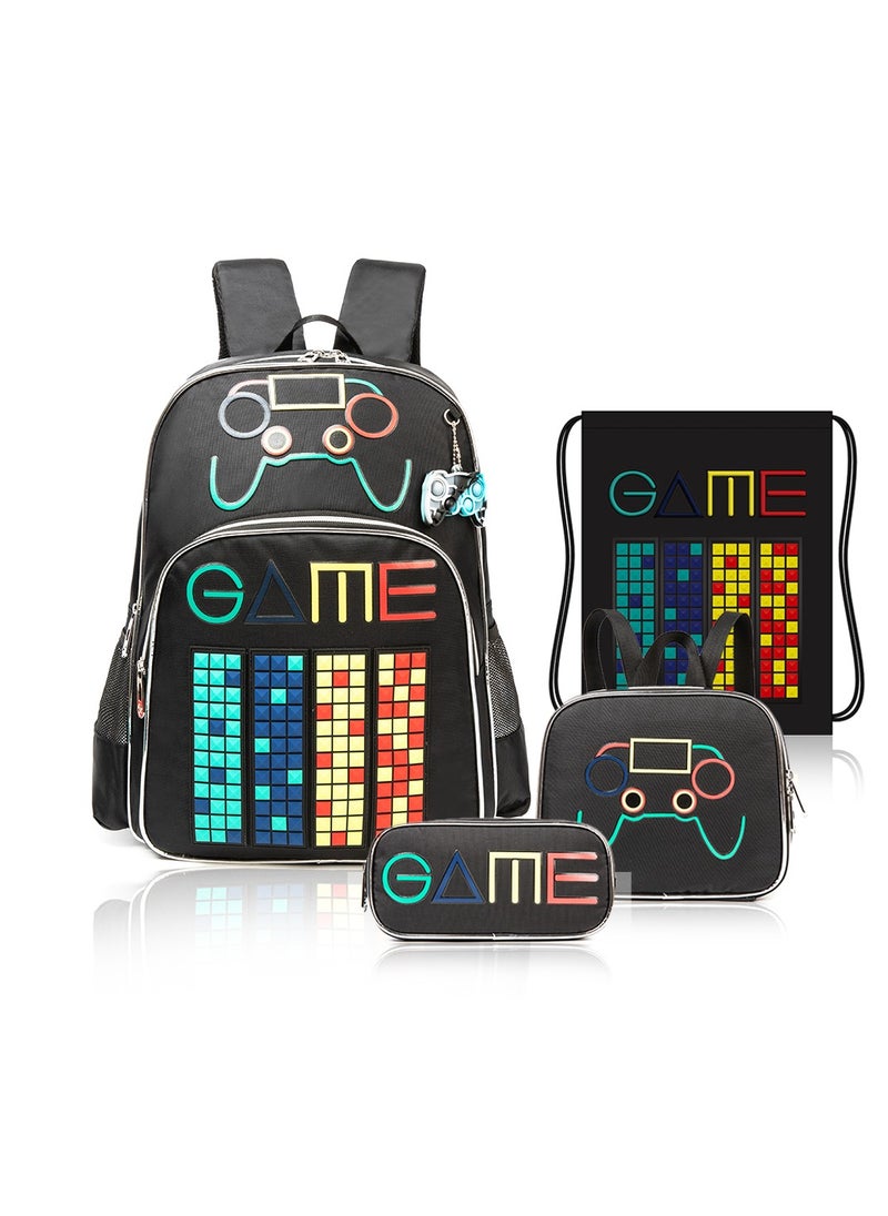 Eazy Kids 17 Inch Set Of 4 School Bag With Lunch Bag, Activity Bag And Pencil Case Gen Z Gamer - Black  - Image 2
