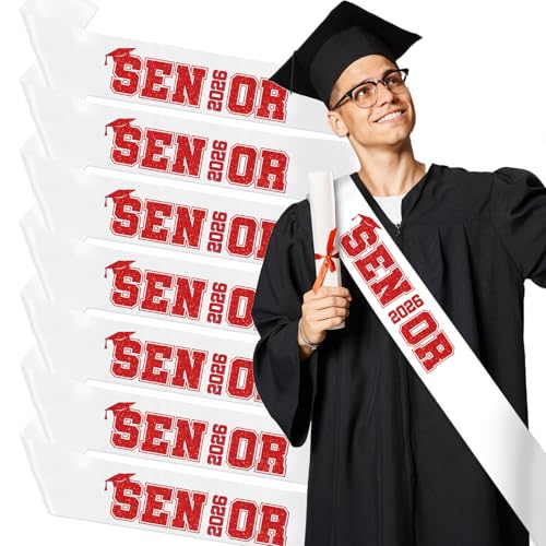 Aposwow Senior Sashes 2026 8 Pack White Graduation Celebration Sash Red Glitter Letters Cheer Grad Class of 2026 Senior Night Decorations Supplies - Image 1