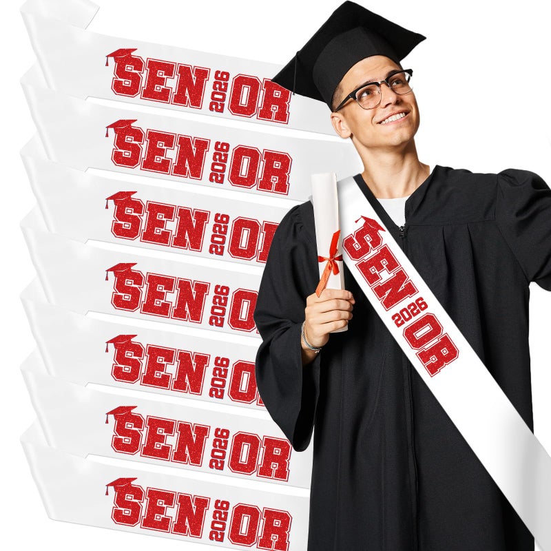 Aposwow Senior Sashes 2026 8 Pack White Graduation Celebration Sash Red Glitter Letters Cheer Grad Class of 2026 Senior Night Decorations Supplies - Image 3