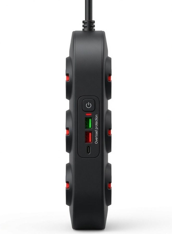 Gulf Trend 6 Universal Outlet Power Strip with 3 USB-A & 1 USB-C Fast Charging Ports, 2M Extension Cable, Overload Protection, Multi Socket Extension Board for Home, Office, Travel, Black** - Image 4