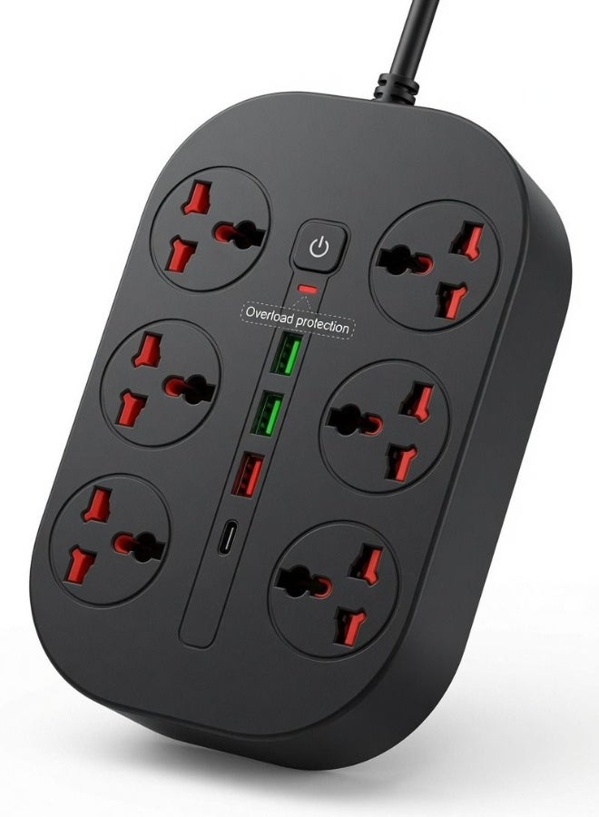 Gulf Trend 6 Universal Outlet Power Strip with 3 USB-A & 1 USB-C Fast Charging Ports, 2M Extension Cable, Overload Protection, Multi Socket Extension Board for Home, Office, Travel, Black** - Image 1