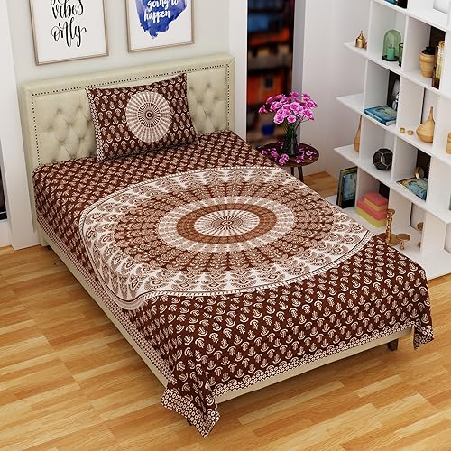 RajasthaniKart® Comfort Rajasthani Jaipuri Traditional Sanganeri Print 144 TC 100% Cotton Single Bedsheet with 1 Pillow Cover SB-259 (Brown) - Image 1