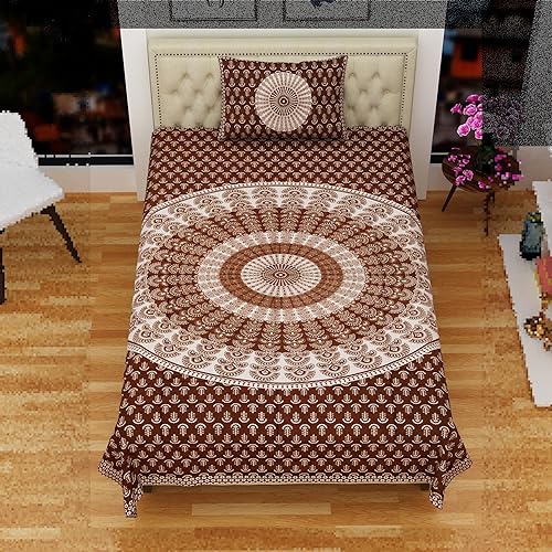 RajasthaniKart® Comfort Rajasthani Jaipuri Traditional Sanganeri Print 144 TC 100% Cotton Single Bedsheet with 1 Pillow Cover SB-259 (Brown) - Image 2
