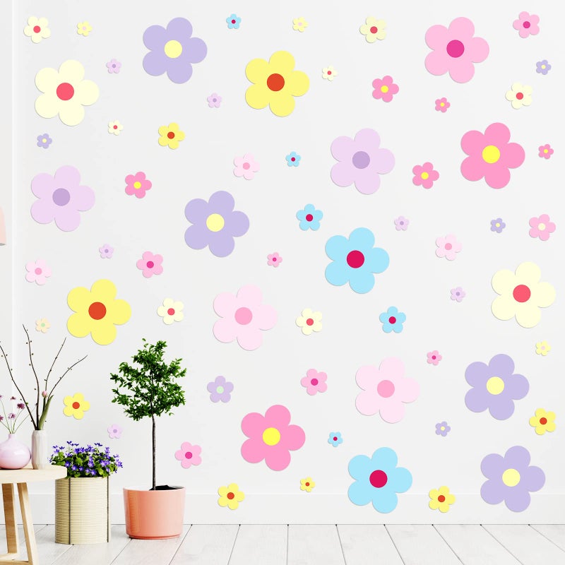 Hotop 128 Pcs Cute Colorful Flowers Boho Wall Sticker Decal Y2k Flower Daisy Spring Summer Wall Sticker Pastel Aesthetic Hippie Trendy Colorful Art for Dorm Room DecorPreppy