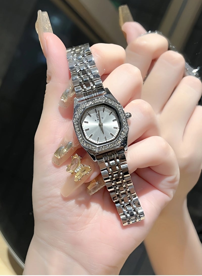 ABIU Ladies Stainless Steel Waterproof Watch with Diamond-Encrusted Dial for a Luxurious and Elegant Look  24mm Silver - Image 1