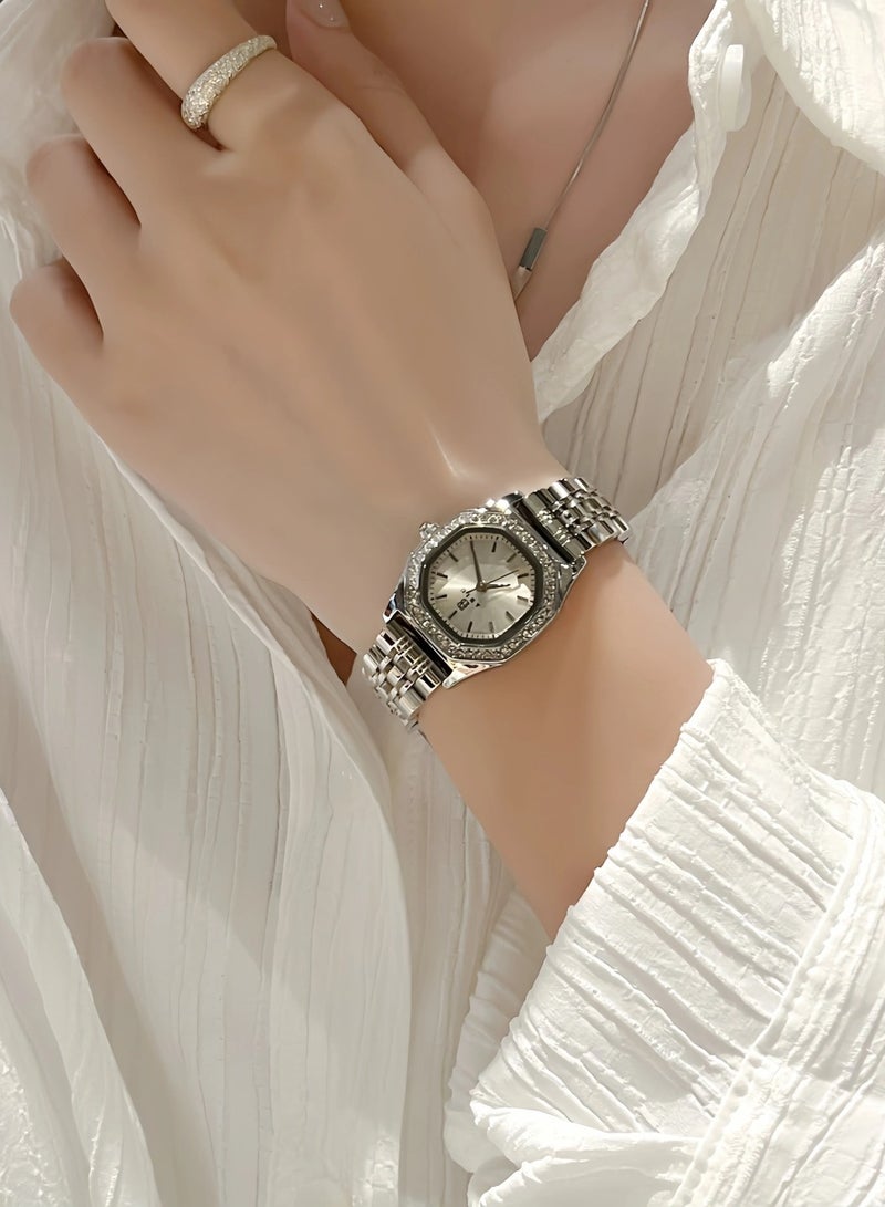 ABIU Ladies Stainless Steel Waterproof Watch with Diamond-Encrusted Dial for a Luxurious and Elegant Look  24mm Silver - Image 2