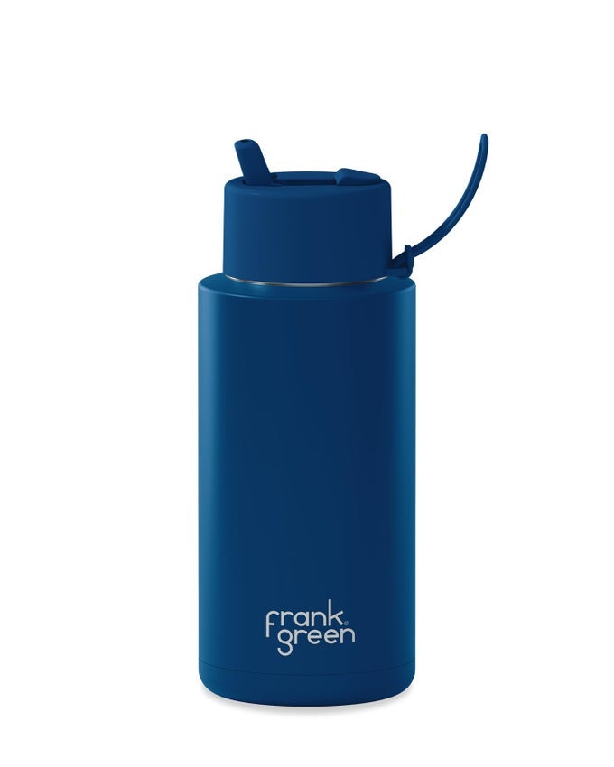 CERAMIC REUSABLE BOTTLE STAINLESS STEEL WATER BOTTLE WITH STRAW INSULATED WATER BOTTLE METAL WATER BOTTLE FLIP STRAW LID 34OZ DEEP OCEAN